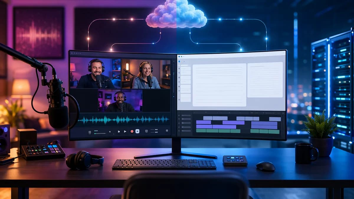 Editorial image of podcast recording and editing SaaS workflows in a modern cloud dashboard.