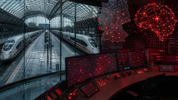Motionless trains in a futuristic control hub visualizing a nationwide rail IT outage