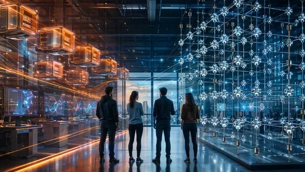 Developers compare modular containers with a precise dependency lattice in a futuristic tech workspace.