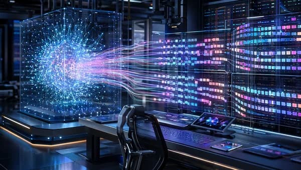 Futuristic AI lab with glowing noise particles forming parallel data blocks across neural network screens