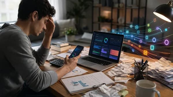 Freelancer facing digital banking and tax chaos in a modern home office