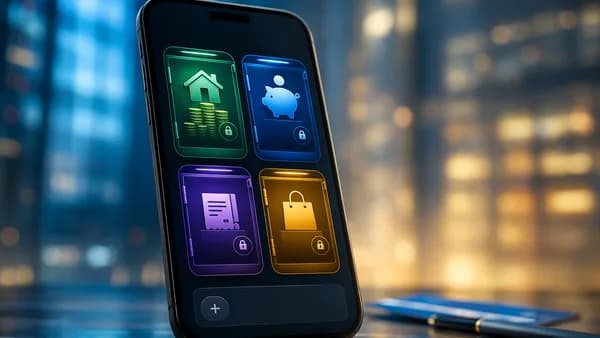 Smartphone banking app with glowing subaccount compartments for budgeting in a modern fintech scene