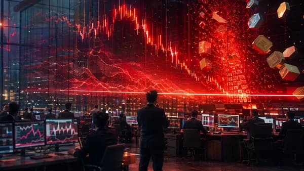 Trading floor screens show a digital credit selloff with plunging charts and liquidation imagery.