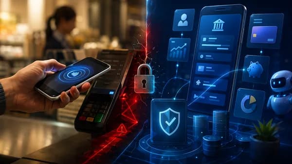 Digital wallet checkout contrasted with secure mobile banking controls on a smartphone.