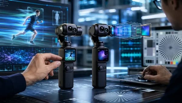 Dual-camera handheld gimbals compared in a futuristic tech workspace with AI tracking visuals
