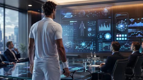 Elite tennis champion in a finance boardroom with wellness and performance tech dashboards.
