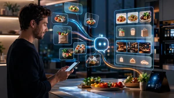 AI food ordering concept with phone, glowing chat bubbles, food photos, groceries and futuristic app screens