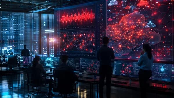 Operations center visualizing simultaneous app outages across cloud networks and service dashboards.
