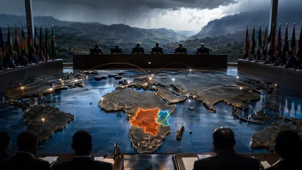 International courtroom with Central Africa map highlighting DR Congo and Rwanda amid geopolitical tension.