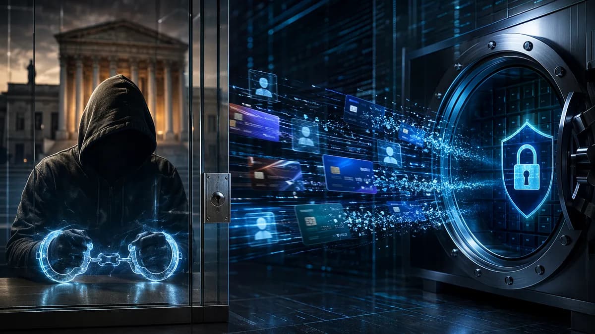 Hooded cybercriminal, digital locks, and courthouse imagery symbolize a credential-stuffing sentencing case.