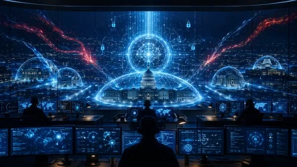 Government AI cybersecurity command center with shields protecting national data networks