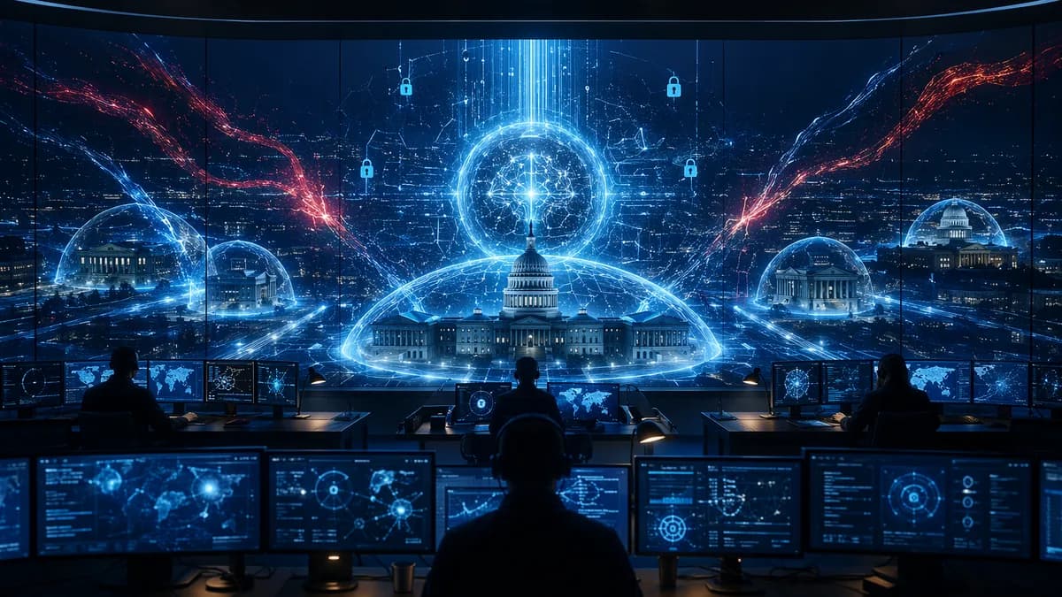 Government AI cybersecurity command center with shields protecting national data networks