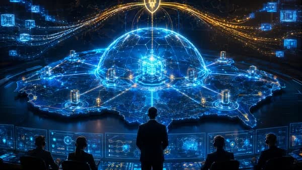 Futuristic AI defense shield protecting encrypted data networks in a dark cybersecurity command center