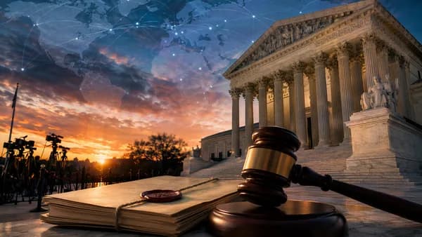 Courthouse, gavel, and global map lines symbolizing a major Supreme Court legal decision.