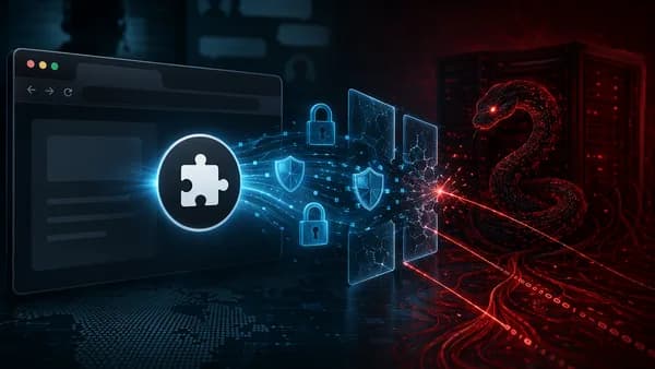 Browser extension bridge relaying data to malware amid shields, locks, and dark code matrix visuals.