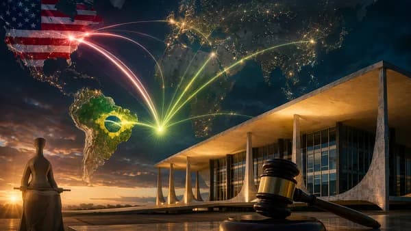 Symbolic Brazil-US legal pressure scene with courthouse, gavel, world map and glowing global connections.