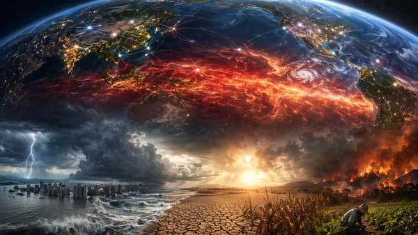 Earth with El Niño heat patterns, global connections, storms, floods, drought, and crop risk
