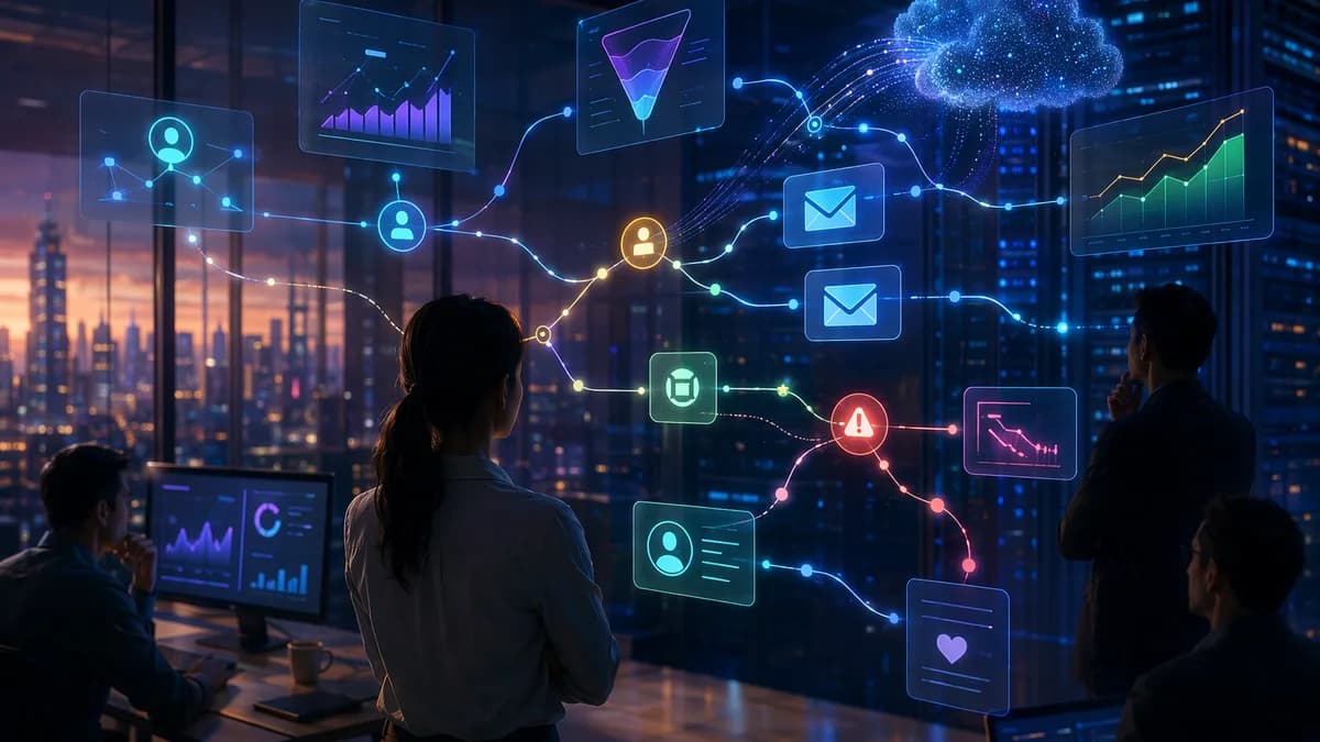 SaaS trial automation dashboard reacting to user behavior with email triggers and cloud data flows