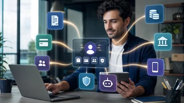 Small business owner using embedded finance tools for payments, payroll, lending and insurance.