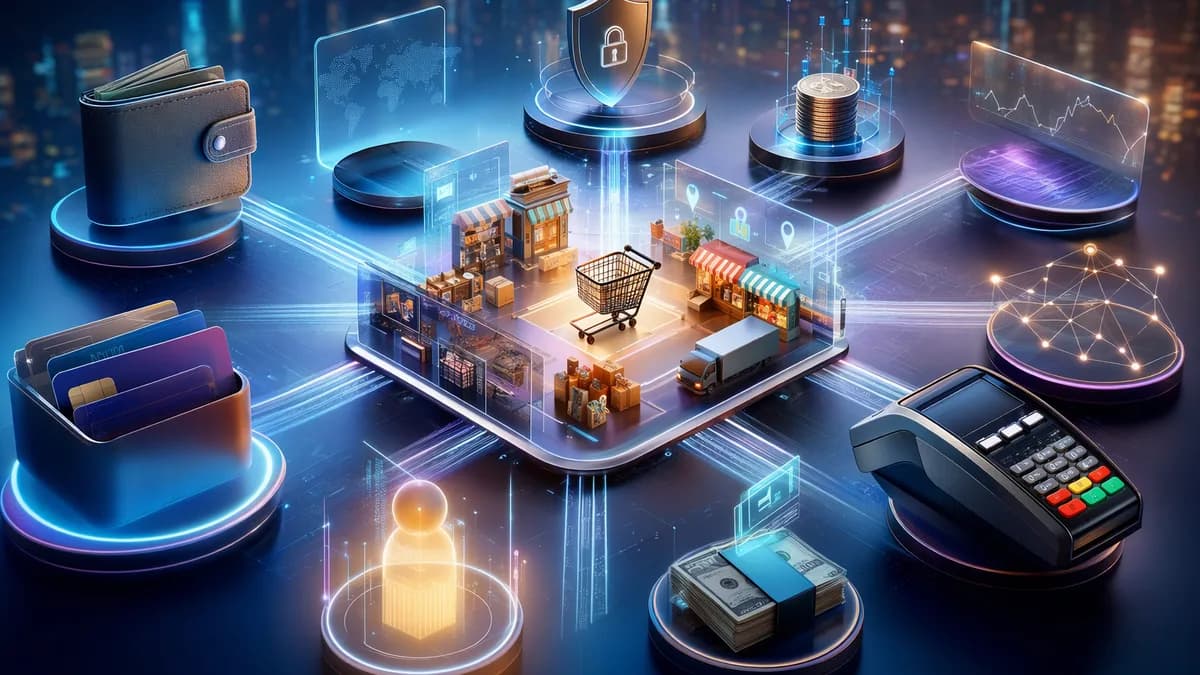 Embedded finance marketplace hub with wallets, cards, payouts, lending, and compliance nodes