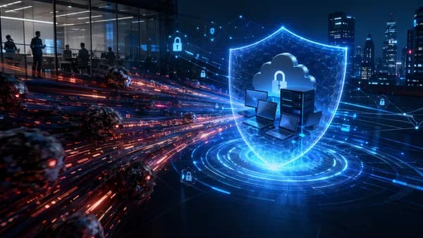 AI-driven workplace security shield blocking fast cyber threats in a dark futuristic office.