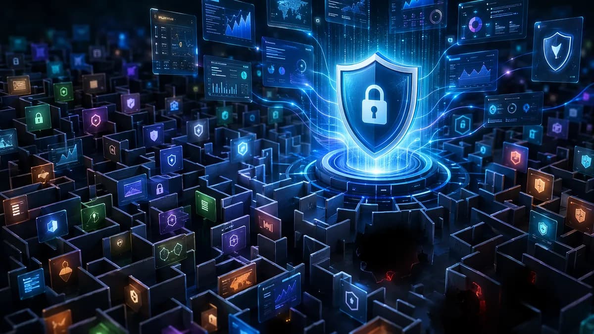 Cybersecurity tool sprawl consolidating into one platform with hidden blind spots in a dark tech scene.