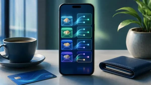 Smartphone with abstract envelope and zero-based budgeting visuals on a modern fintech desk