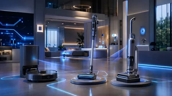 Smart vacuum cleaners in a futuristic tech showroom highlighting automated home cleaning deals