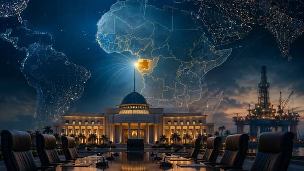 Central Africa map with government silhouettes and oil infrastructure, symbolizing Equatorial Guinea cabinet resignation.