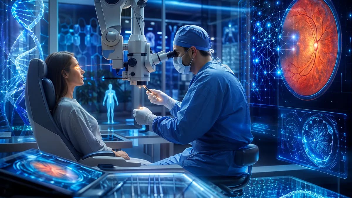 Futuristic ophthalmology lab with AI retinal scans suggesting longevity research for age-related sight loss.