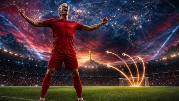 Blond footballer celebrates on a stadium pitch before a glowing world map and Norway-inspired lights