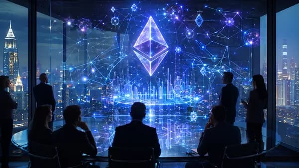 Crypto leaders watch a glowing decentralized finance network amid Ethereum governance turmoil.
