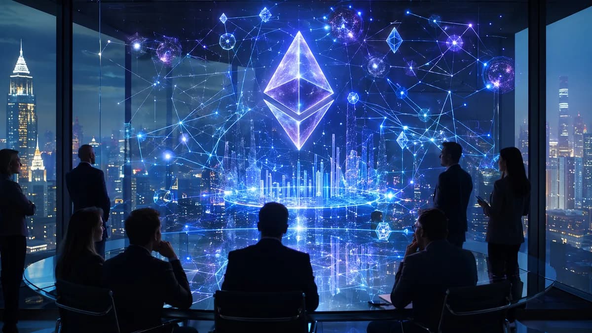 Crypto leaders watch a glowing decentralized finance network amid Ethereum governance turmoil.