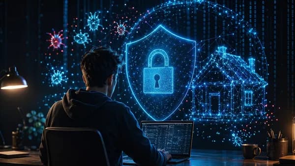Young ethical hacker at a laptop with glowing security shields and encrypted data around a house silhouette
