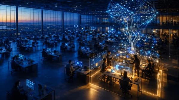 Futuristic European office with AI networks highlighting a small cluster of intensive AI users.