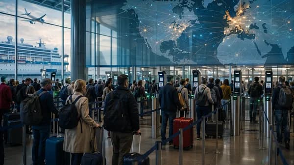 Travelers queue at biometric European border checks with a glowing world map backdrop.