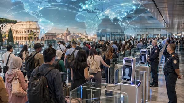 Crowded Rome airport passport control with biometric gates and global connections map
