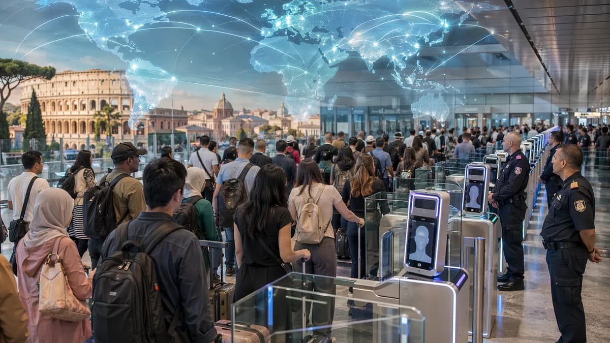 Crowded Rome airport passport control with biometric gates and global connections map