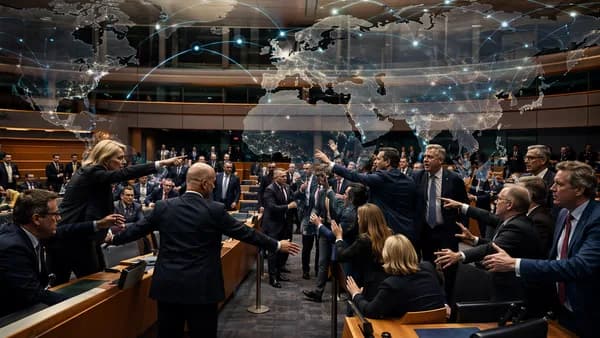 Tense European parliament scene with global map overlay symbolizing migration law backlash
