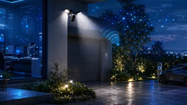 Smart floodlight security camera illuminating a modern home with AI network and Wi-Fi visuals at dusk.