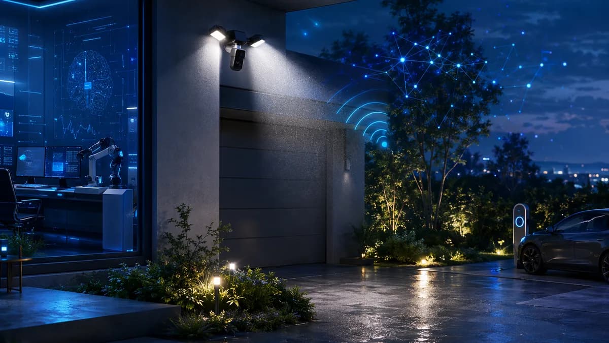 Smart floodlight security camera illuminating a modern home with AI network and Wi-Fi visuals at dusk.