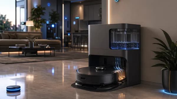 Robot vacuum and self-cleaning mop dock in a futuristic smart home tech setting