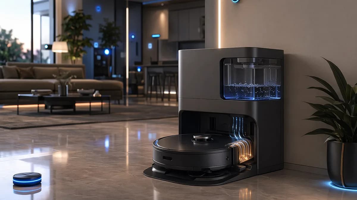 Robot vacuum and self-cleaning mop dock in a futuristic smart home tech setting