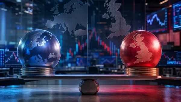 Balanced euro and pound market scene with trading screens and abstract charts after UK and German data