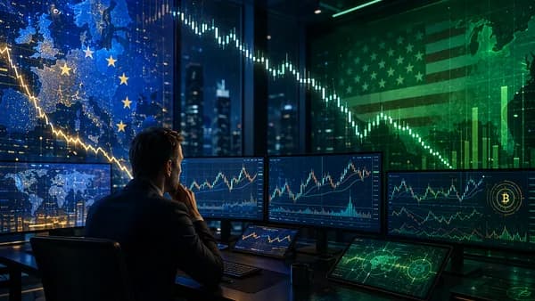 Trading desk with abstract forex charts suggesting euro weakness against the dollar.