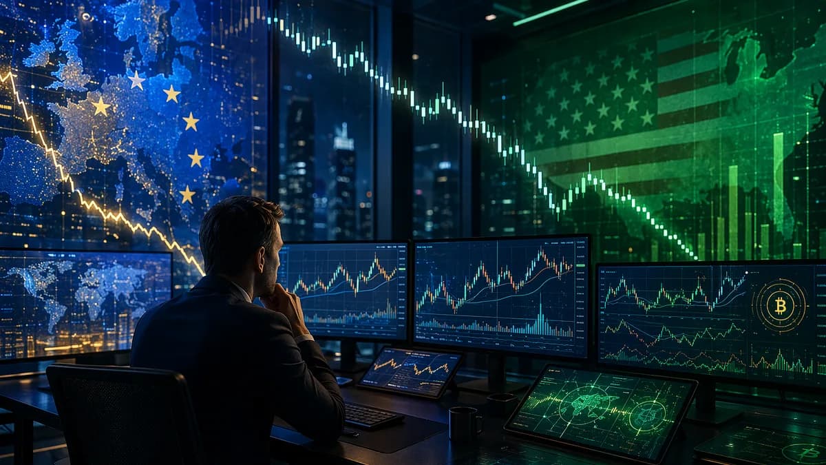 Trading desk with abstract forex charts suggesting euro weakness against the dollar.