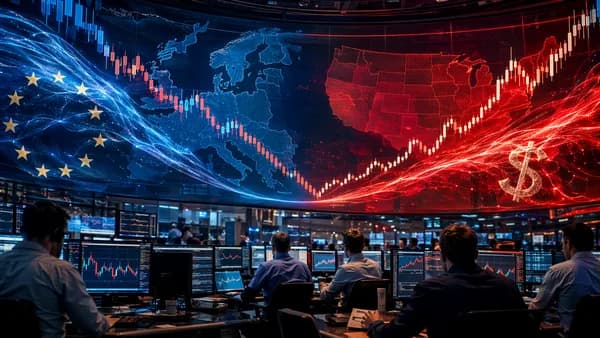 Trading floor showing dollar strength pressuring euro markets with charts and data screens