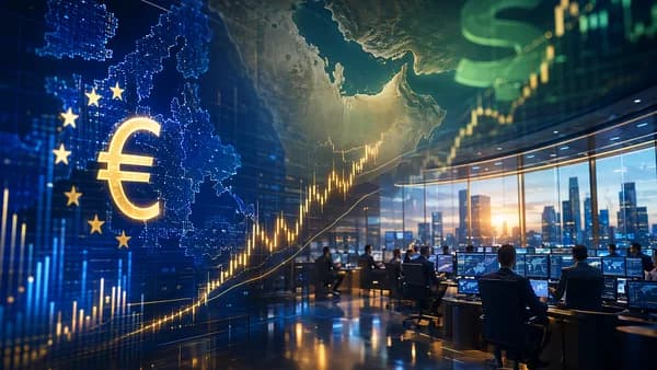 Forex trading floor with rising charts and Persian Gulf backdrop symbolizing euro strength after peace breakthrough