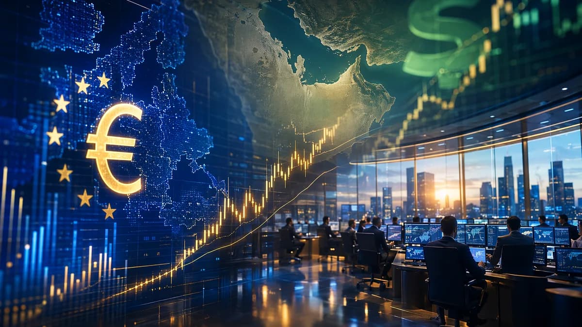 Forex trading floor with rising charts and Persian Gulf backdrop symbolizing euro strength after peace breakthrough