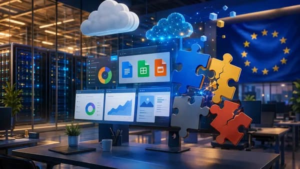 European SaaS office scene with cloud dashboards and clashing document format puzzle pieces.
